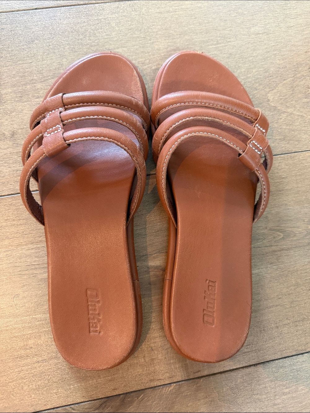 OluKai Women's Cognac Triple-Strap Slide Sandals
